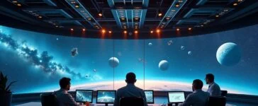 Strahlend helles, natürlich beleuchtetes Foto eines modernen Kontrollzentrums mit fokussierten Technikern vor großen Bildschirmen, die dynamisch Satellitenkonstellationen am Nachthimmel überwachen, während warme Sonnenstrahlen durch Fenster fallen und so eine optimistische Atmosphäre für Amazons bahnbrechendes Projekt Kuiper schaffen.