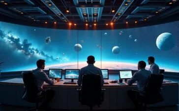 Strahlend helles, natürlich beleuchtetes Foto eines modernen Kontrollzentrums mit fokussierten Technikern vor großen Bildschirmen, die dynamisch Satellitenkonstellationen am Nachthimmel überwachen, während warme Sonnenstrahlen durch Fenster fallen und so eine optimistische Atmosphäre für Amazons bahnbrechendes Projekt Kuiper schaffen.