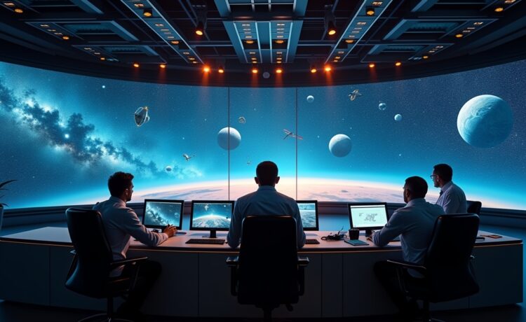 Strahlend helles, natürlich beleuchtetes Foto eines modernen Kontrollzentrums mit fokussierten Technikern vor großen Bildschirmen, die dynamisch Satellitenkonstellationen am Nachthimmel überwachen, während warme Sonnenstrahlen durch Fenster fallen und so eine optimistische Atmosphäre für Amazons bahnbrechendes Projekt Kuiper schaffen.