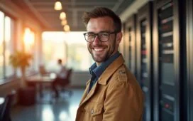 Ein strahlend helles, editorial fotografiertes Büro mit moderner Server-Infrastruktur im Hintergrund, in dem ein lächelnder Ingenieur in entspannter Pose die innovative Zusammenarbeit von AMD und dem Open Compute Project symbolisiert – warme Sonnenstrahlen durchfluten den Raum und schaffen eine einladende Atmosphäre voller technologischer Zuversicht und Zukunftsglaube.