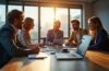 In einem modernen, hell erleuchteten Büro mit warmem Tageslicht sitzt ein konzentriertes Team aus Mitarbeitenden unterschiedlicher Herkunft am großen Besprechungstisch, diskutiert freundlich und engagiert über digitale Sicherheit, während im Vordergrund ein Laptop mit geöffnetem E-Mail-Programm sichtbar ist, das subtil die Herausforderung von Phishing symbolisiert – eine einladende, realistische Szene voller Vertrauen und Zusammenarbeit.