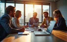 In einem modernen, hell erleuchteten Büro mit warmem Tageslicht sitzt ein konzentriertes Team aus Mitarbeitenden unterschiedlicher Herkunft am großen Besprechungstisch, diskutiert freundlich und engagiert über digitale Sicherheit, während im Vordergrund ein Laptop mit geöffnetem E-Mail-Programm sichtbar ist, das subtil die Herausforderung von Phishing symbolisiert – eine einladende, realistische Szene voller Vertrauen und Zusammenarbeit.