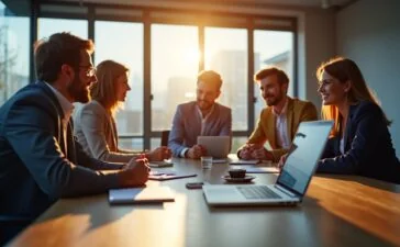 In einem modernen, hell erleuchteten Büro mit warmem Tageslicht sitzt ein konzentriertes Team aus Mitarbeitenden unterschiedlicher Herkunft am großen Besprechungstisch, diskutiert freundlich und engagiert über digitale Sicherheit, während im Vordergrund ein Laptop mit geöffnetem E-Mail-Programm sichtbar ist, das subtil die Herausforderung von Phishing symbolisiert – eine einladende, realistische Szene voller Vertrauen und Zusammenarbeit.