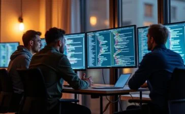 Ein hell erleuchtetes, modernes Büro mit fokussierten Entwicklern im Gespräch vor mehreren Bildschirmen, die komplexe API-Architekturen visualisieren, während warmes Tageslicht die freundliche und innovative Atmosphäre einer produktiven Tech-Entwicklungsumgebung unterstreicht.