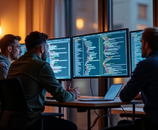 Ein hell erleuchtetes, modernes Büro mit fokussierten Entwicklern im Gespräch vor mehreren Bildschirmen, die komplexe API-Architekturen visualisieren, während warmes Tageslicht die freundliche und innovative Atmosphäre einer produktiven Tech-Entwicklungsumgebung unterstreicht.