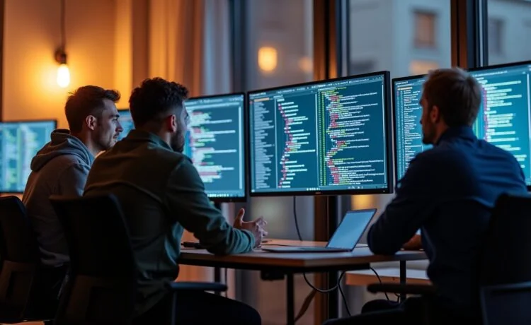 Ein hell erleuchtetes, modernes Büro mit fokussierten Entwicklern im Gespräch vor mehreren Bildschirmen, die komplexe API-Architekturen visualisieren, während warmes Tageslicht die freundliche und innovative Atmosphäre einer produktiven Tech-Entwicklungsumgebung unterstreicht.
