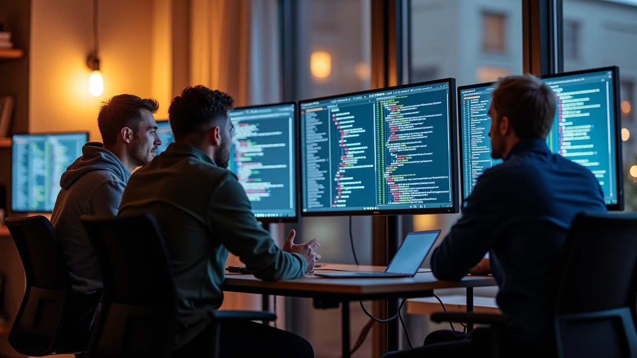 Ein hell erleuchtetes, modernes Büro mit fokussierten Entwicklern im Gespräch vor mehreren Bildschirmen, die komplexe API-Architekturen visualisieren, während warmes Tageslicht die freundliche und innovative Atmosphäre einer produktiven Tech-Entwicklungsumgebung unterstreicht.