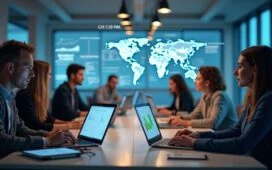 In einem hell erleuchteten, modernen Büro arbeiten engagierte Mitarbeitende unterschiedlicher Herkunft konzentriert an ihren Laptops und Tablets, während ein dynamisches digitales Interface mit Datendiagrammen und KI-Analysen sanft im Hintergrund schimmert und so die harmonische Zusammenarbeit von Mensch und Maschine in einer zukunftsweisenden Unternehmenswelt spürbar macht.