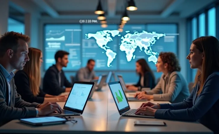 In einem hell erleuchteten, modernen Büro arbeiten engagierte Mitarbeitende unterschiedlicher Herkunft konzentriert an ihren Laptops und Tablets, während ein dynamisches digitales Interface mit Datendiagrammen und KI-Analysen sanft im Hintergrund schimmert und so die harmonische Zusammenarbeit von Mensch und Maschine in einer zukunftsweisenden Unternehmenswelt spürbar macht.