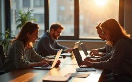 In einem hell erleuchteten, modernen Büro sitzt ein Entwicklerteam freundlich lächelnd an ihren Laptops, umgeben von Notizen und aufgeschlagenen technischen Büchern, während warmes Tageslicht durch große Fenster fällt und so die Atmosphäre von konzentrierter, kollegialer Zusammenarbeit bei der automatisierten API-Dokumentation mit Spring Rest Docs und AsciiDoc einfängt.
