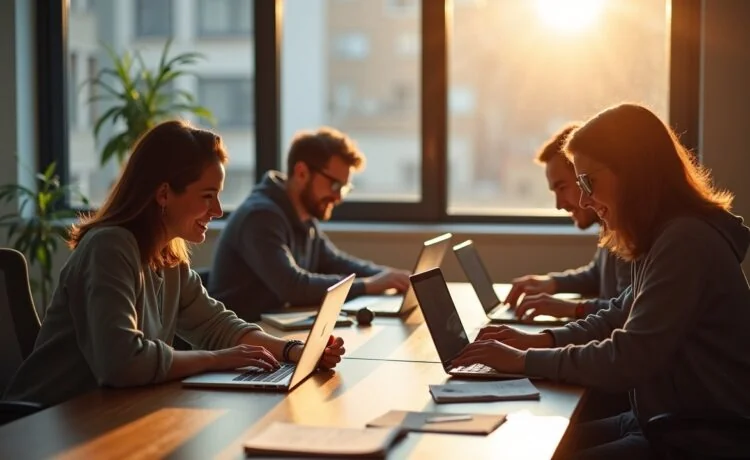 In einem hell erleuchteten, modernen Büro sitzt ein Entwicklerteam freundlich lächelnd an ihren Laptops, umgeben von Notizen und aufgeschlagenen technischen Büchern, während warmes Tageslicht durch große Fenster fällt und so die Atmosphäre von konzentrierter, kollegialer Zusammenarbeit bei der automatisierten API-Dokumentation mit Spring Rest Docs und AsciiDoc einfängt.
