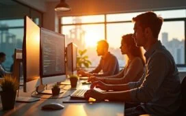 Ein modernes Entwicklerteam arbeitet konzentriert und harmonisch zusammen an mehreren Bildschirmen in einem lichtdurchfluteten, offenen Büro, während warme Sonnenstrahlen durch die Fenster fallen und die Atmosphäre von intelligenter Zusammenarbeit und technologischer Leichtigkeit einfangen.