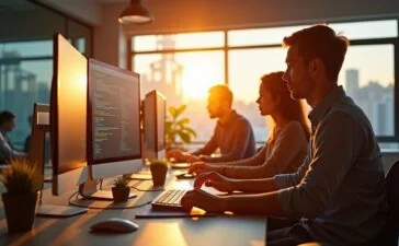 Ein modernes Entwicklerteam arbeitet konzentriert und harmonisch zusammen an mehreren Bildschirmen in einem lichtdurchfluteten, offenen Büro, während warme Sonnenstrahlen durch die Fenster fallen und die Atmosphäre von intelligenter Zusammenarbeit und technologischer Leichtigkeit einfangen.