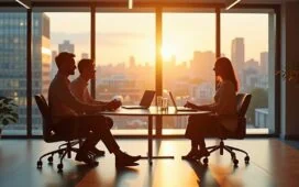 In einem hell erleuchteten, modernen Büro mit großen Fenstern sitzen internationale Fachkräfte entspannt im Gespräch, während lebendige Sonnenstrahlen durch das Glas fallen und eine warme, einladende Atmosphäre schaffen, die Effizienz, Zusammenarbeit und technologische Innovation symbolisiert.