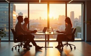 In einem hell erleuchteten, modernen Büro mit großen Fenstern sitzen internationale Fachkräfte entspannt im Gespräch, während lebendige Sonnenstrahlen durch das Glas fallen und eine warme, einladende Atmosphäre schaffen, die Effizienz, Zusammenarbeit und technologische Innovation symbolisiert.