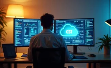 Ein hell erleuchtetes, modernes Büro mit einem konzentrierten IT-Experten vor mehreren Bildschirmen, die Netzwerk- und Cloud-Daten visualisieren, in warmer Tageslichtstimmung, die Zuversicht und technische Sicherheit ausstrahlt.