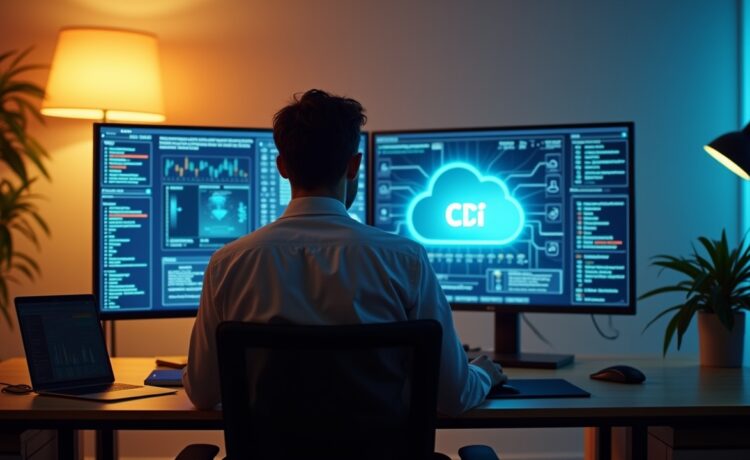 Ein hell erleuchtetes, modernes Büro mit einem konzentrierten IT-Experten vor mehreren Bildschirmen, die Netzwerk- und Cloud-Daten visualisieren, in warmer Tageslichtstimmung, die Zuversicht und technische Sicherheit ausstrahlt.