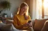 Eine freundliche und helle Aufnahme zeigt eine entspannte Person, die in einem sonnendurchfluteten, modernen Wohnzimmer sorgsam ihr Smartphone nutzt, um Online-Banking sicher zu erledigen, während warme Lichtstrahlen sanft das Zimmer erfüllen und ein Gefühl von Vertrauen und digitaler Sicherheit vermitteln.
