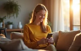Eine freundliche und helle Aufnahme zeigt eine entspannte Person, die in einem sonnendurchfluteten, modernen Wohnzimmer sorgsam ihr Smartphone nutzt, um Online-Banking sicher zu erledigen, während warme Lichtstrahlen sanft das Zimmer erfüllen und ein Gefühl von Vertrauen und digitaler Sicherheit vermitteln.