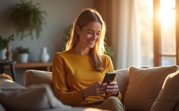 Eine freundliche und helle Aufnahme zeigt eine entspannte Person, die in einem sonnendurchfluteten, modernen Wohnzimmer sorgsam ihr Smartphone nutzt, um Online-Banking sicher zu erledigen, während warme Lichtstrahlen sanft das Zimmer erfüllen und ein Gefühl von Vertrauen und digitaler Sicherheit vermitteln.