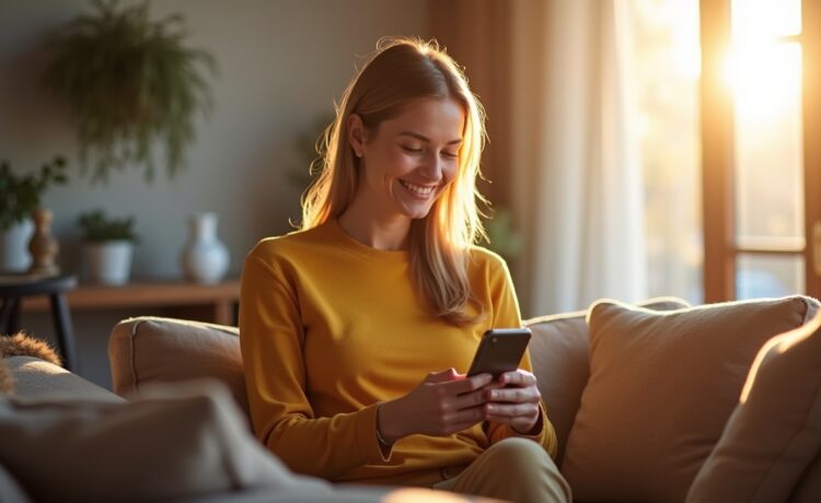 Eine freundliche und helle Aufnahme zeigt eine entspannte Person, die in einem sonnendurchfluteten, modernen Wohnzimmer sorgsam ihr Smartphone nutzt, um Online-Banking sicher zu erledigen, während warme Lichtstrahlen sanft das Zimmer erfüllen und ein Gefühl von Vertrauen und digitaler Sicherheit vermitteln.