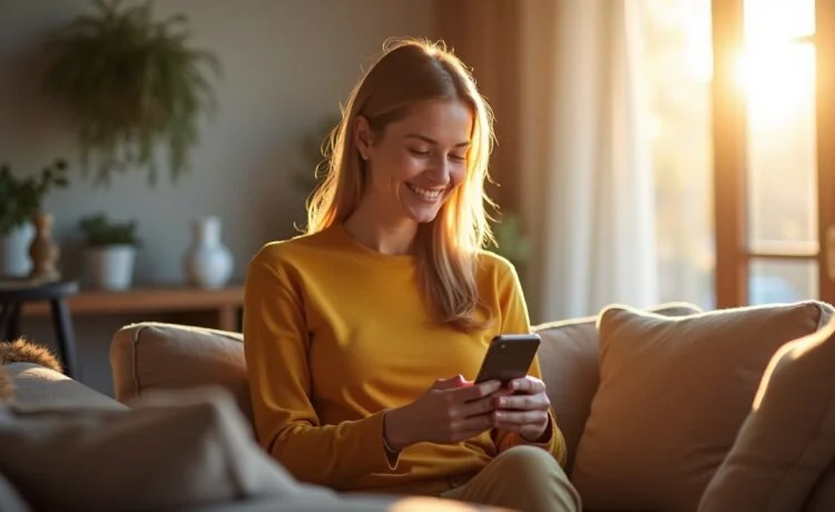 Eine freundliche und helle Aufnahme zeigt eine entspannte Person, die in einem sonnendurchfluteten, modernen Wohnzimmer sorgsam ihr Smartphone nutzt, um Online-Banking sicher zu erledigen, während warme Lichtstrahlen sanft das Zimmer erfüllen und ein Gefühl von Vertrauen und digitaler Sicherheit vermitteln.