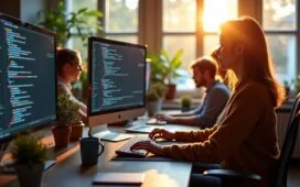 In einem hell erleuchteten, modernen Büro sitzen verschieden alternde Webentwickler:innen entspannt und konzentriert um einen großen Bildschirm, auf dem klar strukturierter HTML-Code sichtbar ist, während natürliches Tageslicht durch große Fenster fällt und eine warme, einladende Atmosphäre schafft, die Teamarbeit, Inklusion und den achtsamen Umgang mit barrierefreiem Webdesign symbolisiert.