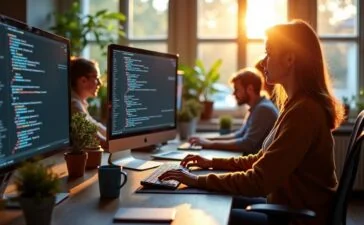 In einem hell erleuchteten, modernen Büro sitzen verschieden alternde Webentwickler:innen entspannt und konzentriert um einen großen Bildschirm, auf dem klar strukturierter HTML-Code sichtbar ist, während natürliches Tageslicht durch große Fenster fällt und eine warme, einladende Atmosphäre schafft, die Teamarbeit, Inklusion und den achtsamen Umgang mit barrierefreiem Webdesign symbolisiert.