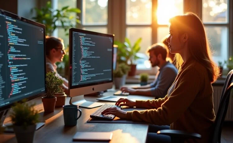 In einem hell erleuchteten, modernen Büro sitzen verschieden alternde Webentwickler:innen entspannt und konzentriert um einen großen Bildschirm, auf dem klar strukturierter HTML-Code sichtbar ist, während natürliches Tageslicht durch große Fenster fällt und eine warme, einladende Atmosphäre schafft, die Teamarbeit, Inklusion und den achtsamen Umgang mit barrierefreiem Webdesign symbolisiert.