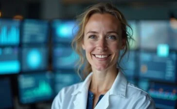 Ein strahlend helles, natürlich beleuchtetes Porträt einer nachdenklichen Forschenden in einem modernen Labor, umgeben von Bildschirmen mit komplexen Daten-Visualisierungen, das Wärme und Optimismus ausstrahlt und die technische Tiefe sowie die menschliche Verantwortung hinter dem Thema KI-Bias eindrucksvoll verbindet.