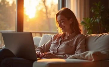 Ein hell erleuchtetes, modernes Wohnzimmer mit einer entspannten Person vor einem Laptop, die wohlwollend lächelt, während warme Sonnenstrahlen durchs Fenster fallen und subtil die Spannung zwischen digitaler Sicherheit und verlockenden Online-Schnäppchen an Black Friday 2025 einfangen.