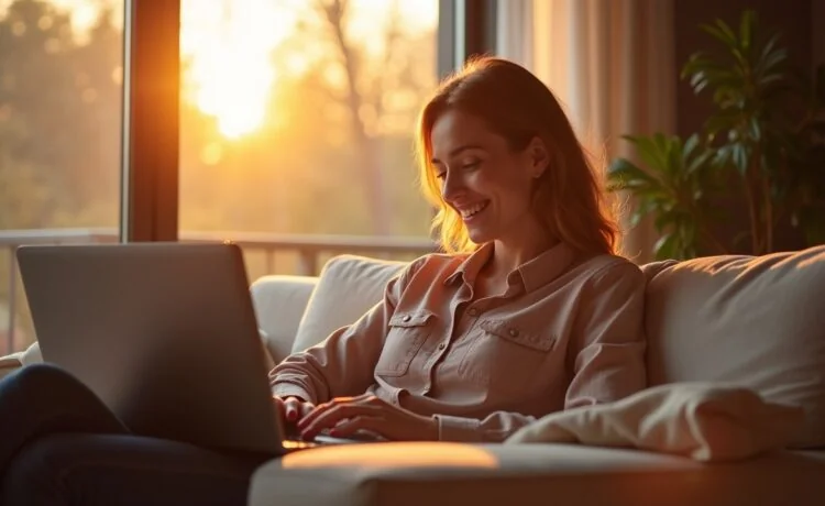 Ein hell erleuchtetes, modernes Wohnzimmer mit einer entspannten Person vor einem Laptop, die wohlwollend lächelt, während warme Sonnenstrahlen durchs Fenster fallen und subtil die Spannung zwischen digitaler Sicherheit und verlockenden Online-Schnäppchen an Black Friday 2025 einfangen.
