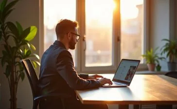 Ein stimmungsvolles, helles Editorial-Foto zeigt eine moderne Büroumgebung mit einem UX-Designer in entspannter Haltung vor einem großen, natürlichen Fenster, der konzentriert an einem benutzerfreundlichen Interface auf einem Laptop arbeitet, während sanftes Tageslicht warme Akzente auf das kreative Setup und die klar strukturierte Schreibtischfläche wirft – ein inspirierender Moment, der die harmonische Verbindung von Benutzererlebnis und digitaler Sichtbarkeit lebendig einfängt.