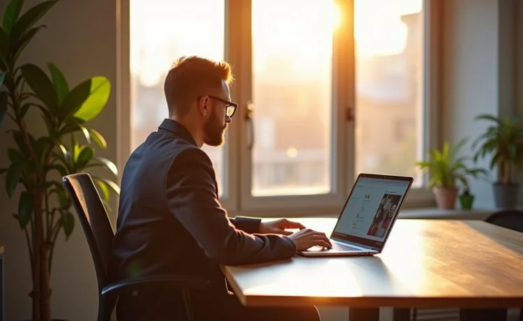 Ein stimmungsvolles, helles Editorial-Foto zeigt eine moderne Büroumgebung mit einem UX-Designer in entspannter Haltung vor einem großen, natürlichen Fenster, der konzentriert an einem benutzerfreundlichen Interface auf einem Laptop arbeitet, während sanftes Tageslicht warme Akzente auf das kreative Setup und die klar strukturierte Schreibtischfläche wirft – ein inspirierender Moment, der die harmonische Verbindung von Benutzererlebnis und digitaler Sichtbarkeit lebendig einfängt.