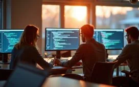 In einem hell erleuchteten, modernen Arbeitsraum sitzt eine Gruppe unterschiedlicher Entwickler konzentriert vor mehreren Bildschirmen, die digitale Bildformate und Codezeilen zeigen, während warmes Tageslicht durch große Fenster fällt und eine Atmosphäre von Zusammenarbeit, Innovation und technischer Leidenschaft schafft.
