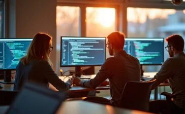 In einem hell erleuchteten, modernen Arbeitsraum sitzt eine Gruppe unterschiedlicher Entwickler konzentriert vor mehreren Bildschirmen, die digitale Bildformate und Codezeilen zeigen, während warmes Tageslicht durch große Fenster fällt und eine Atmosphäre von Zusammenarbeit, Innovation und technischer Leidenschaft schafft.