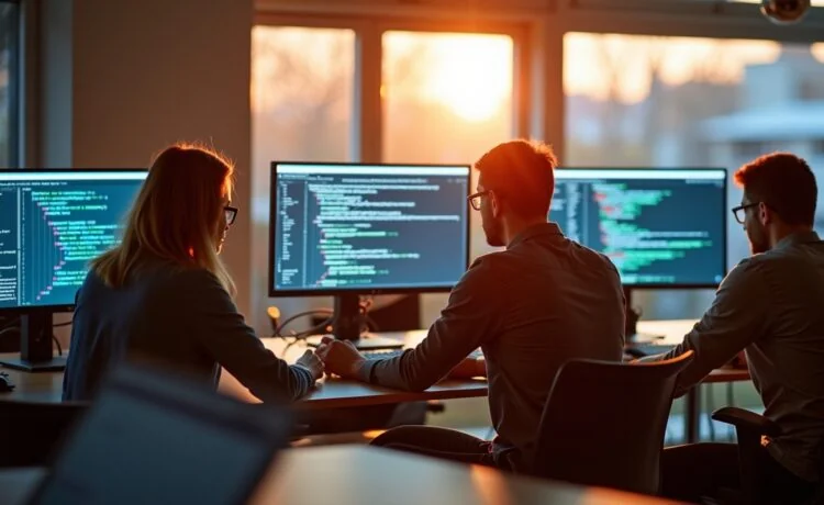 In einem hell erleuchteten, modernen Arbeitsraum sitzt eine Gruppe unterschiedlicher Entwickler konzentriert vor mehreren Bildschirmen, die digitale Bildformate und Codezeilen zeigen, während warmes Tageslicht durch große Fenster fällt und eine Atmosphäre von Zusammenarbeit, Innovation und technischer Leidenschaft schafft.