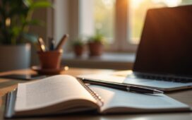 Ein warm beleuchtetes, modernes Büro mit einem aufgeschlagenen Notizbuch, einem eleganten Stift und einem Laptop im Hintergrund, auf dem subtil ein Texteditor erkennbar ist – symbolisch für die feine Balance zwischen technischer Präzision und sprachlicher Kreativität in der Gestaltung von KI-generierten Texten.