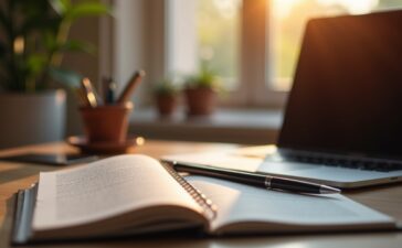 Ein warm beleuchtetes, modernes Büro mit einem aufgeschlagenen Notizbuch, einem eleganten Stift und einem Laptop im Hintergrund, auf dem subtil ein Texteditor erkennbar ist – symbolisch für die feine Balance zwischen technischer Präzision und sprachlicher Kreativität in der Gestaltung von KI-generierten Texten.