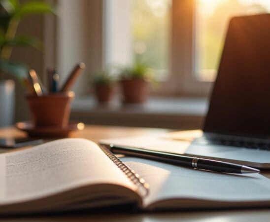 Ein warm beleuchtetes, modernes Büro mit einem aufgeschlagenen Notizbuch, einem eleganten Stift und einem Laptop im Hintergrund, auf dem subtil ein Texteditor erkennbar ist – symbolisch für die feine Balance zwischen technischer Präzision und sprachlicher Kreativität in der Gestaltung von KI-generierten Texten.