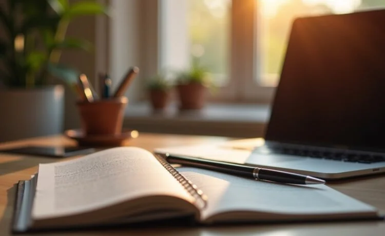 Ein warm beleuchtetes, modernes Büro mit einem aufgeschlagenen Notizbuch, einem eleganten Stift und einem Laptop im Hintergrund, auf dem subtil ein Texteditor erkennbar ist – symbolisch für die feine Balance zwischen technischer Präzision und sprachlicher Kreativität in der Gestaltung von KI-generierten Texten.