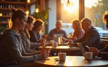 Eine warme, helle Szene in einem modernen Café, in der eine diverse Gruppe von Menschen unterschiedlichen Alters entspannt und konzentriert auf ihre Smartphones und Laptops schaut, während natürliches Sonnenlicht durch die Fenster fällt und eine Atmosphäre von Offenheit und digitaler Verbundenheit schafft.