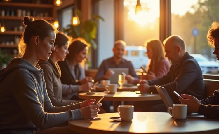 Eine warme, helle Szene in einem modernen Café, in der eine diverse Gruppe von Menschen unterschiedlichen Alters entspannt und konzentriert auf ihre Smartphones und Laptops schaut, während natürliches Sonnenlicht durch die Fenster fällt und eine Atmosphäre von Offenheit und digitaler Verbundenheit schafft.