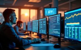 Ein hell erleuchtetes, modernes IT-Büro mit konzentrierten Mitarbeitenden vor großen Bildschirmen, die komplexe Netzwerkanalysen durchführen, eingefangen in warmem Tageslicht, das eine Atmosphäre von verantwortungsbewusster Wachsamkeit und gemeinsamer Cyber-Sicherheitsarbeit vermittelt.