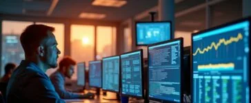 Ein hell erleuchtetes, modernes IT-Büro mit konzentrierten Mitarbeitenden vor großen Bildschirmen, die komplexe Netzwerkanalysen durchführen, eingefangen in warmem Tageslicht, das eine Atmosphäre von verantwortungsbewusster Wachsamkeit und gemeinsamer Cyber-Sicherheitsarbeit vermittelt.