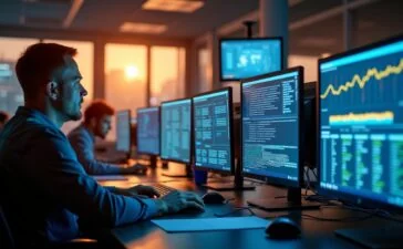 Ein hell erleuchtetes, modernes IT-Büro mit konzentrierten Mitarbeitenden vor großen Bildschirmen, die komplexe Netzwerkanalysen durchführen, eingefangen in warmem Tageslicht, das eine Atmosphäre von verantwortungsbewusster Wachsamkeit und gemeinsamer Cyber-Sicherheitsarbeit vermittelt.