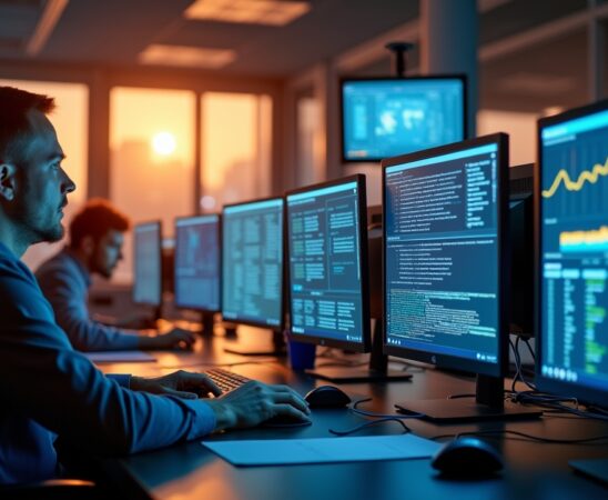 Ein hell erleuchtetes, modernes IT-Büro mit konzentrierten Mitarbeitenden vor großen Bildschirmen, die komplexe Netzwerkanalysen durchführen, eingefangen in warmem Tageslicht, das eine Atmosphäre von verantwortungsbewusster Wachsamkeit und gemeinsamer Cyber-Sicherheitsarbeit vermittelt.