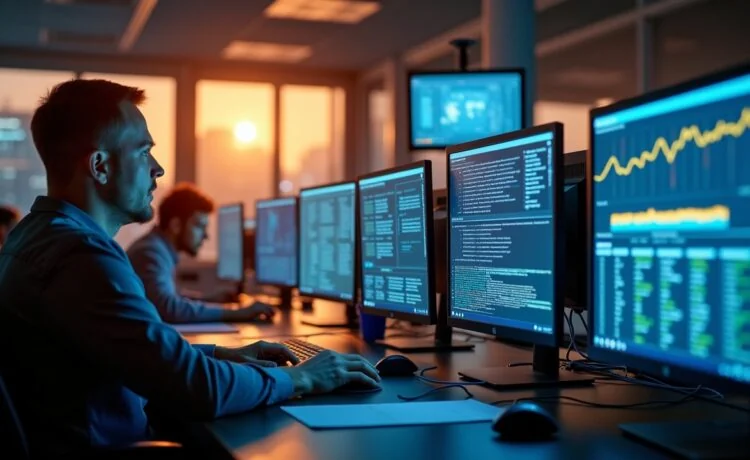 Ein hell erleuchtetes, modernes IT-Büro mit konzentrierten Mitarbeitenden vor großen Bildschirmen, die komplexe Netzwerkanalysen durchführen, eingefangen in warmem Tageslicht, das eine Atmosphäre von verantwortungsbewusster Wachsamkeit und gemeinsamer Cyber-Sicherheitsarbeit vermittelt.