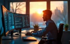 In einem hell erleuchteten, modernen Büro mit warmen Sonnenstrahlen durch große Fenster sitzt eine fokussierte IT-Sicherheitsfachkraft vor mehreren Bildschirmen mit Netzwerk-Diagrammen und Firewalls, die konzentriert den Schutz digitaler Infrastrukturen überwacht – eine einfühlsame Momentaufnahme von Verantwortung und wachsamem Engagement in der Cyberabwehr.