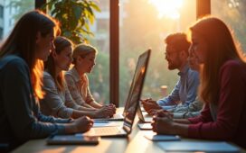 In einem modern gestalteten, lichtdurchfluteten Büro spiegeln sich die konzentrierten Gesichter von Entwickler:innen und Forschenden wider, die gemeinsam um einen hellen Monitor versammelt sind, während warme Sonnenstrahlen durch große Fenster fallen und die spannende Schnittstelle zwischen menschlicher Kontrolle und hochentwickelter KI-Technologie lebendig machen.